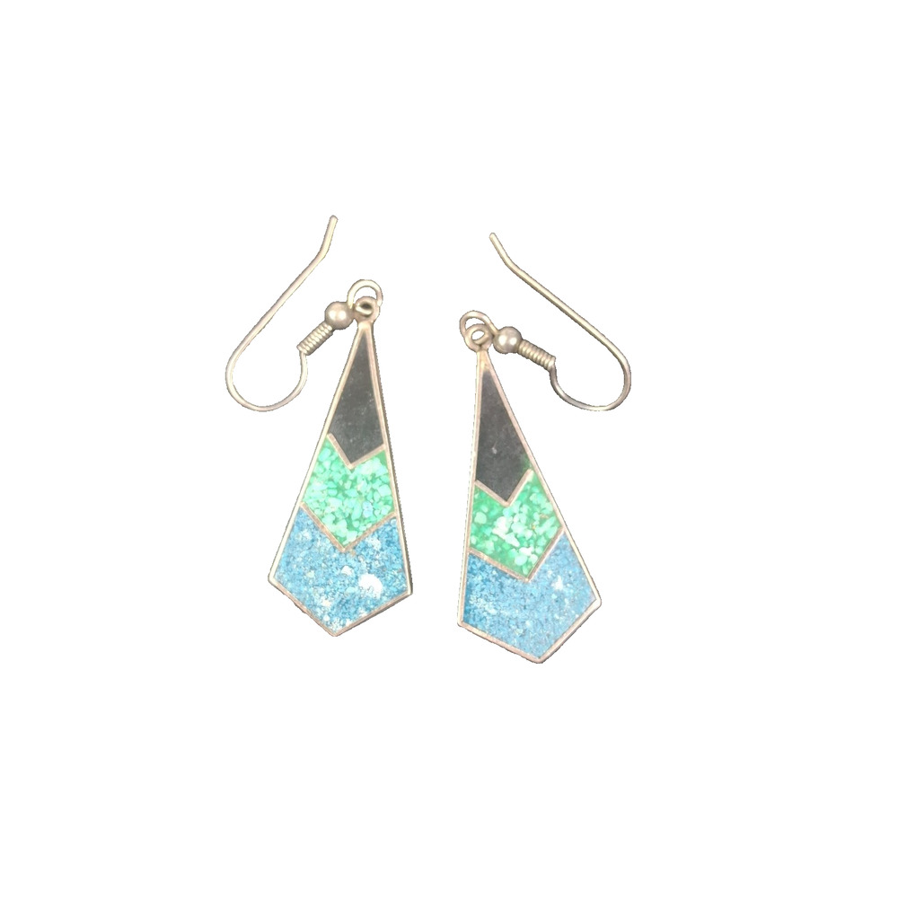 Mexican Sterling Silver Inlaid Turquoise Malachite Onyx Earrings 1.5"
